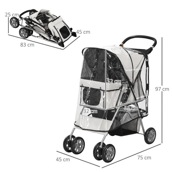 Hundevogn Hundevogn Med Regntrekk, Sammenleggbar Hundevogn Opp Til 20 Kg, Grå, Med Koppholder Og Nettingvindu, 75X45X97Cm