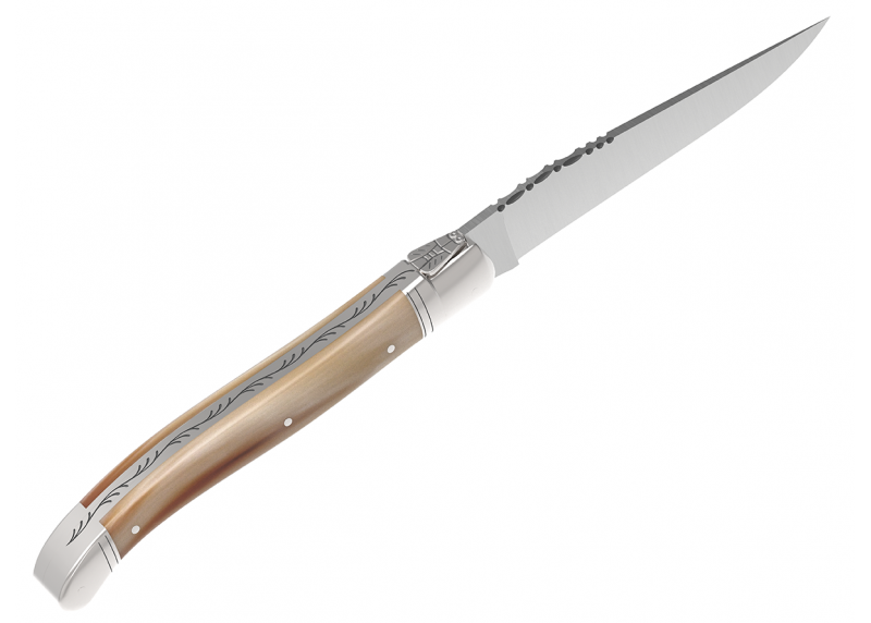 Couteau Laguiole avec un manche en pointe de corne blonde et 2 mitres en acier inoxydable