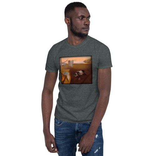 Camiseta masculina Mascochula, estampa moderna inspirada em Dali, personalizada com a foto do seu pet, cinza escuro.