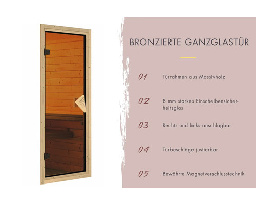 Elementsauna Karibu Iravos 1 zonder oven en gebronsde volledig glazen deur
