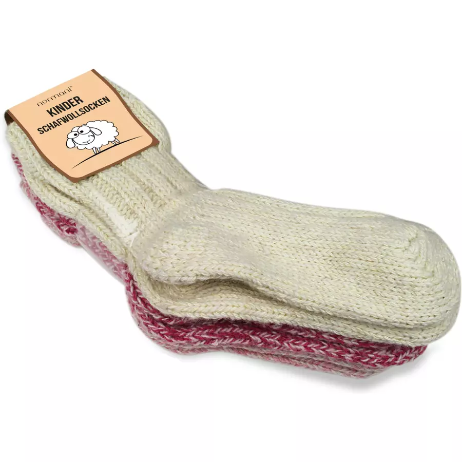 normani 3 Paar Kinder Norwegersocken mit Schafwolle RotRosaWollweiß
