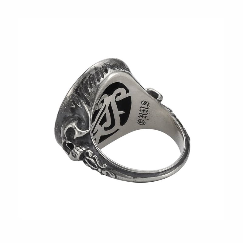 Bague Homme Chevalière Argent Pierre Onyx Têtes De Mort Memori Mento