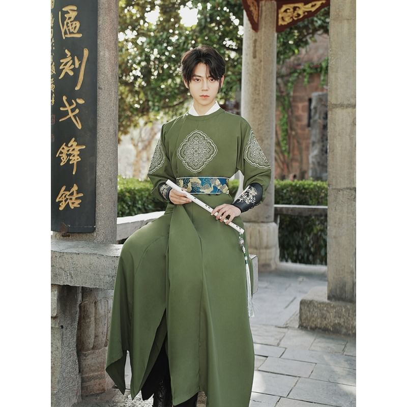 Tangier - Effen Hanfu-top met lange mouwen / Losse broek / Geborduurde gewaad / Sjerp / Polsmanchet / Set