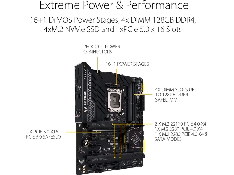 ASUS TUF GAMING Z790-PLUS D4 - Bundkort - ATX - LGA1700 sokkel - Z790 Chipset - USB-C 3.2 Gen 2x2, USB-C 3.2 Gen2, USB 3.2 Gen 1, USB 3.2 Gen 2 - 2.5 Gigabit LAN, Wi-Fi 6, Bluetooth - onboard grafik (CPU påkrævet) - HD Audio (8-kanaler)