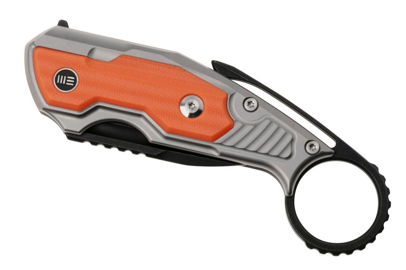 WE Knife Yardbird WE22021-1 Blackwashed CPM 20CV, Gray Titanium, Orange G10 Inlay, karambit zakmes, Maciej Torbé design