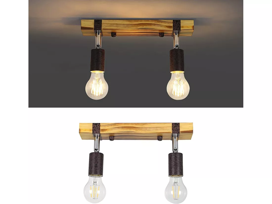 NETTLIFE Spot de plafond rétro 2 lampes dimmable avec poutre en bois, LED orientable, interchangeable