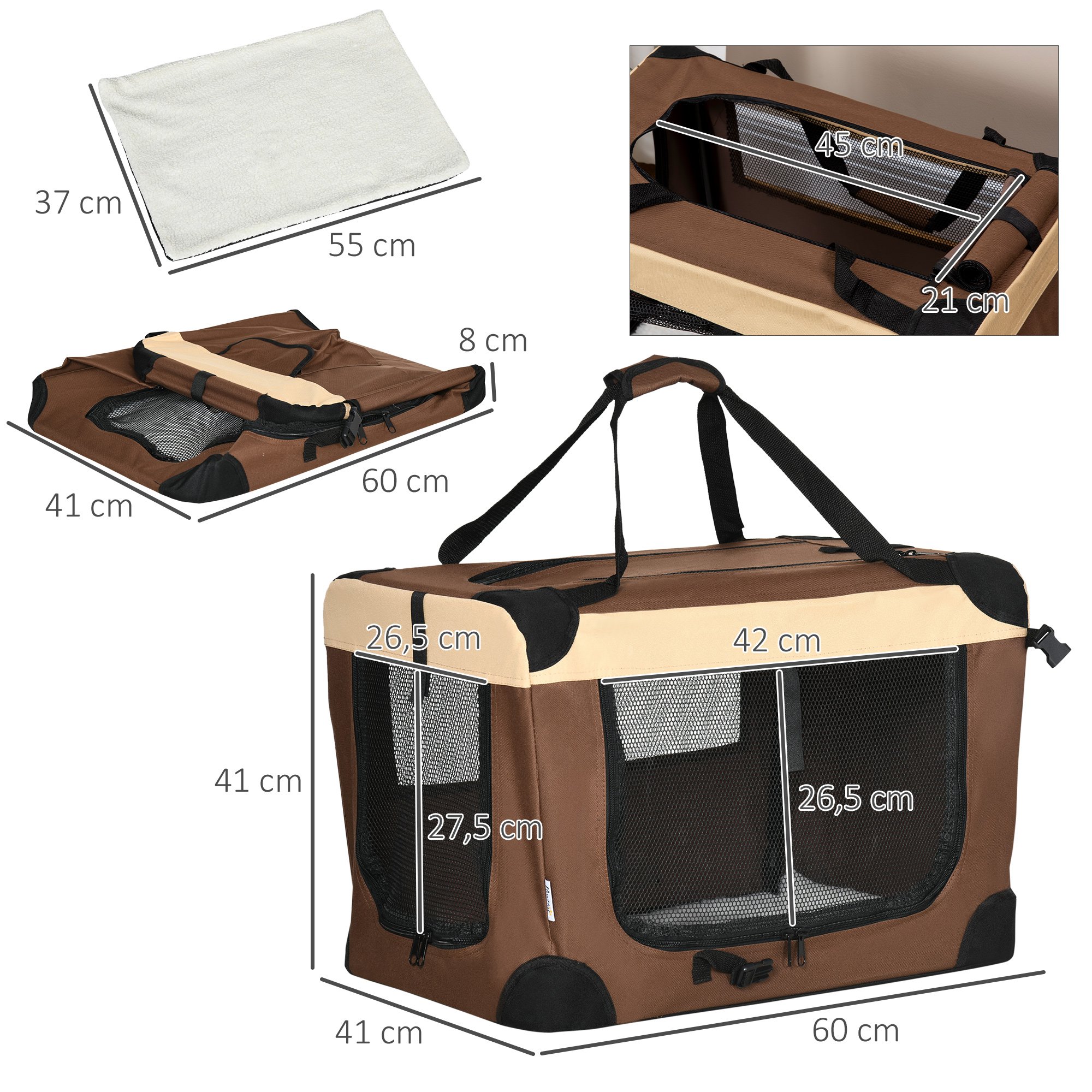 Mochila transportadora PawHut para cães e gatos, bolsa dobrável com almofada macia e 2 alças de ombro para carro, avião e viagens, 50,5 x 33,5 x 35 cm, marrom