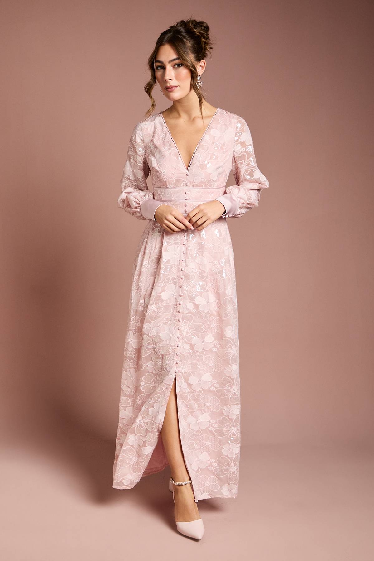 Coast Robe Midaxi en Maille à Fleurs Pailletées avec Manches Bouffantes et Col en V