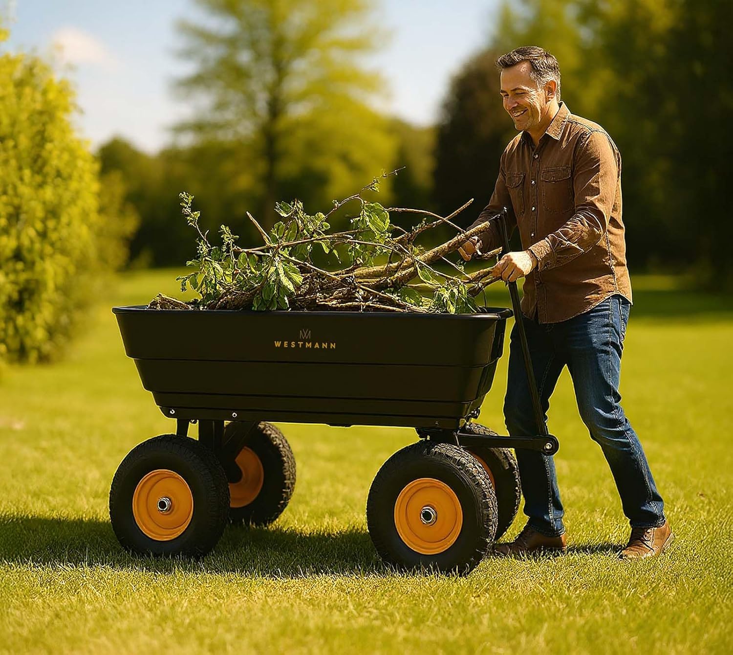Westmann Prakta M Gartenwagen | Kunststoffkarre mit Kippfunktion | 125 L | 300 kg Tragkraft | Luftreifen & Zugstange