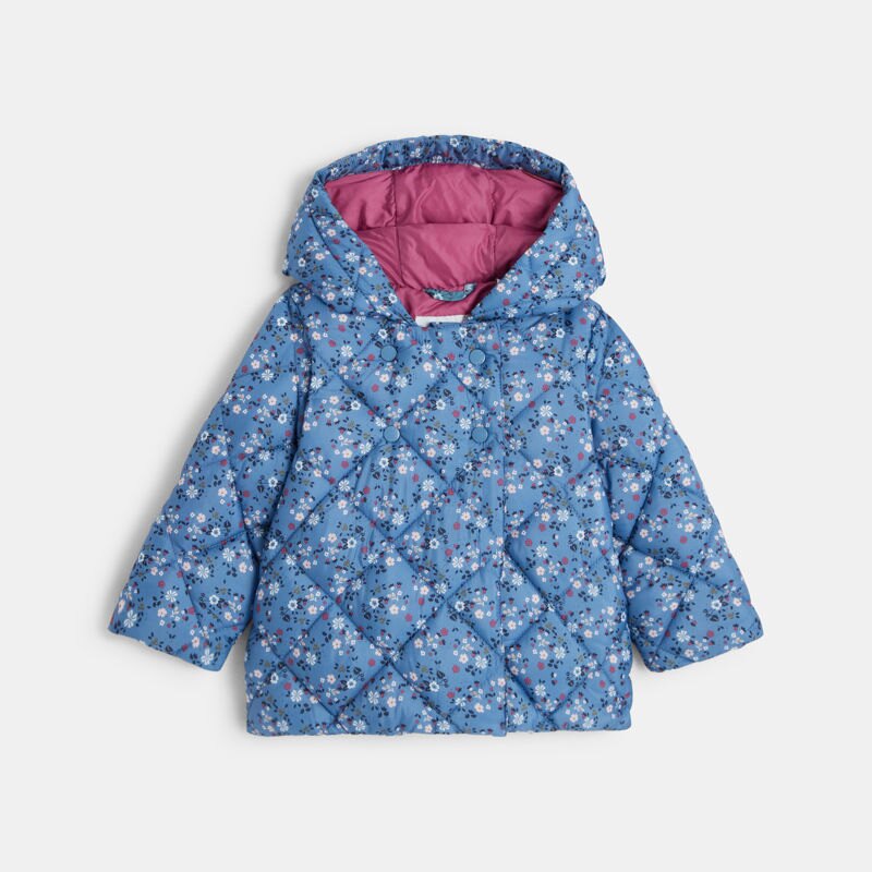 Doudoune matelassée fleurie bleu bébé fille Gris ou noir