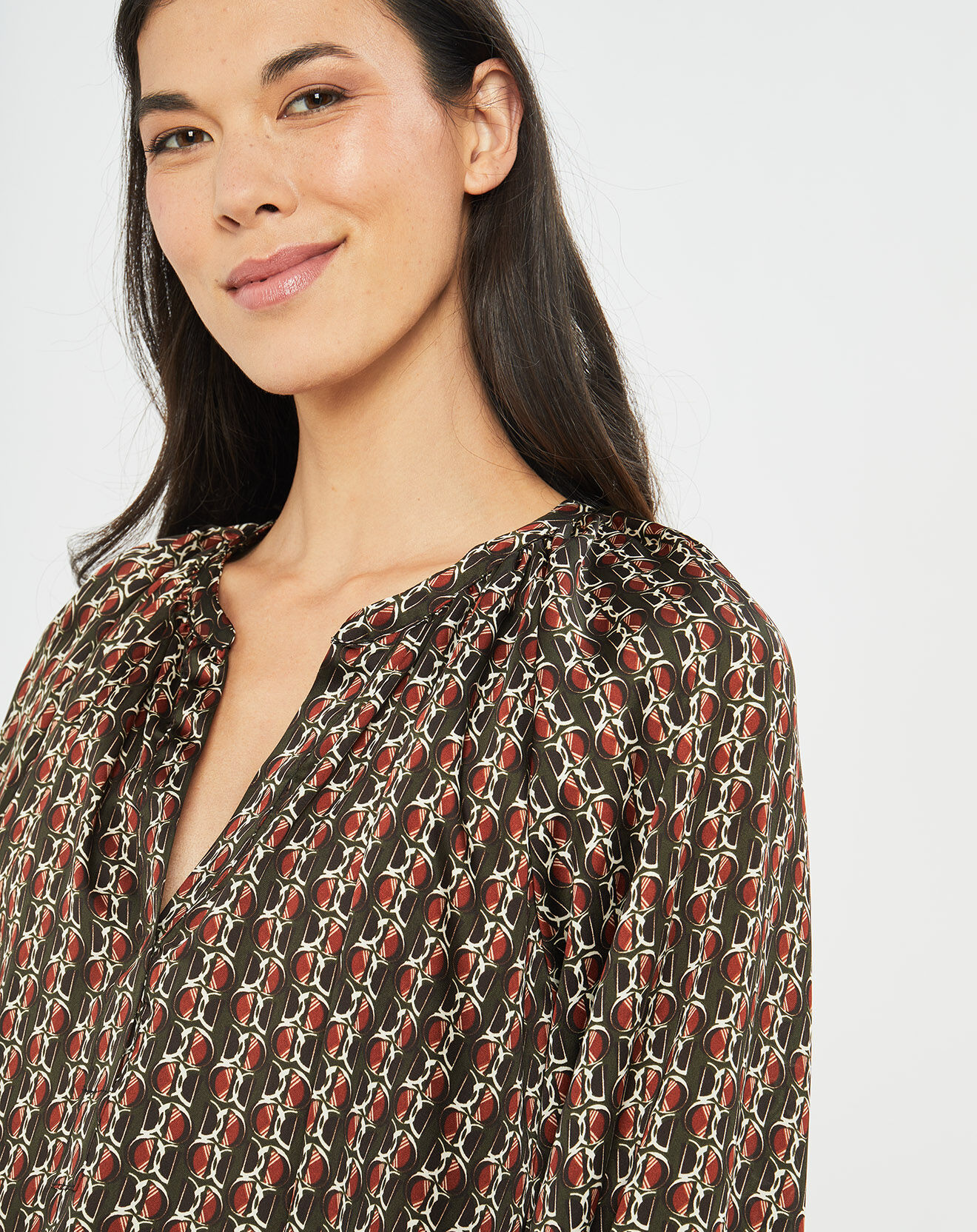 Lauren Vidal Blouse satinée Ciara imprimée forest kaki/marron