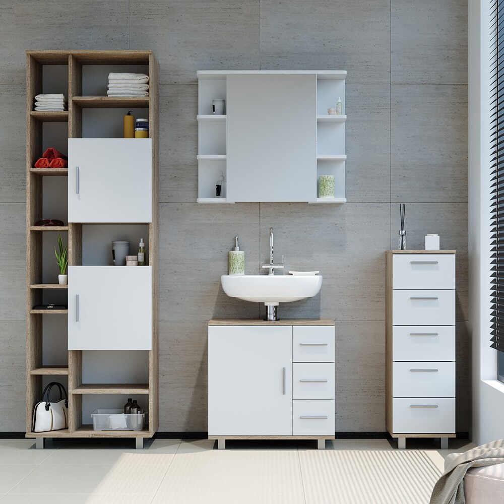 VICCO Badschrank ILIAS Weiß Sonoma Midischrank Bad Schrank Badregal Badezimmer