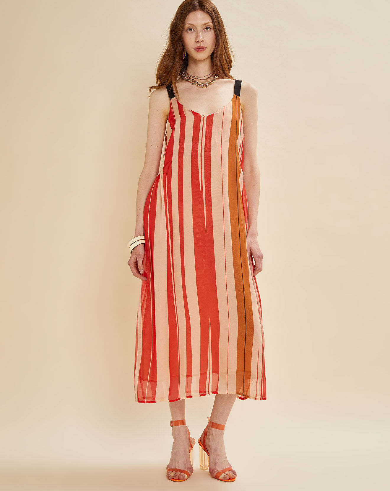 Chloé Stora Robe en voile 100% Soie Maelle à rayures rouge/rose