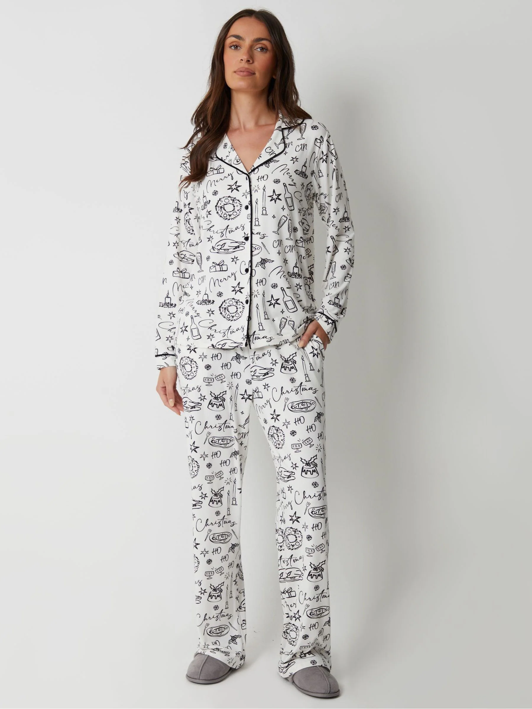 Threadbare Christmas Cheer Print Long Button Through Christmas Pyjamas