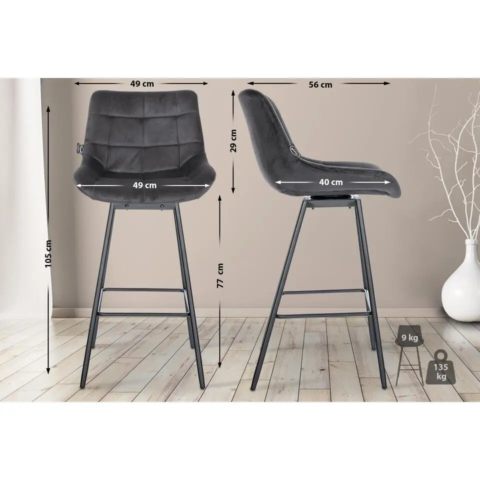 CLP Barkruk Weston zwart Frame - Fluweel - donkergrijs