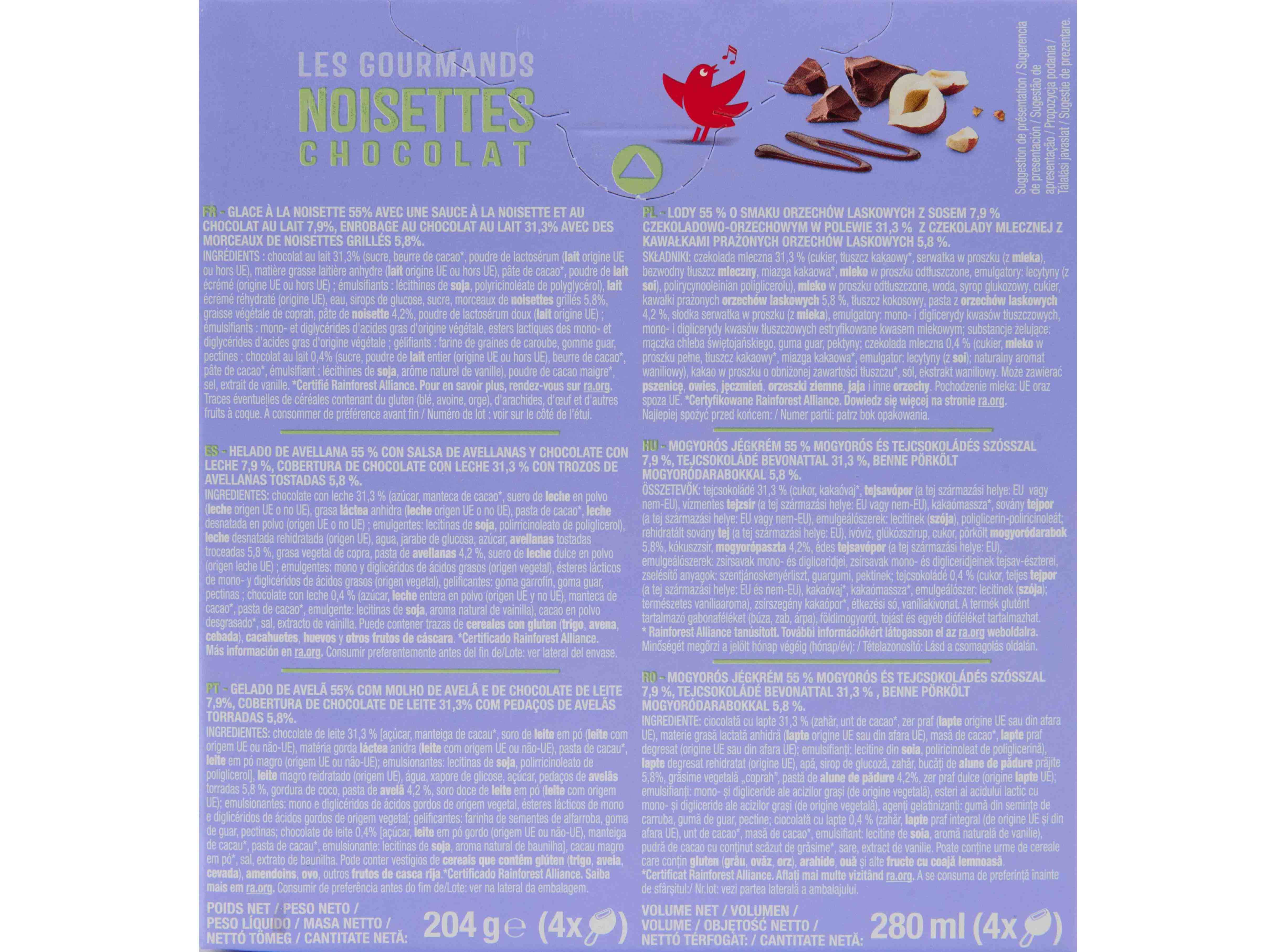 GELADO AUCHAN AVELÃ COM CHOCOLATE DE LEITE 4X70ML