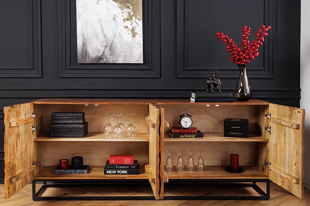 Massivholz Sideboard VULCANO 180cm braun Mangoholz mit 3D Schnitzereien handmade Metallgestell schwarz