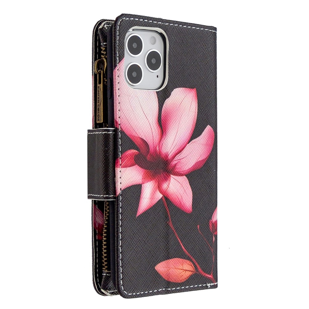 iPhone 12 / iPhone 12 Pro Leder Wallet Etui Tasche mit 9 Kartenfächern   Münzfach - Pinke Blume
