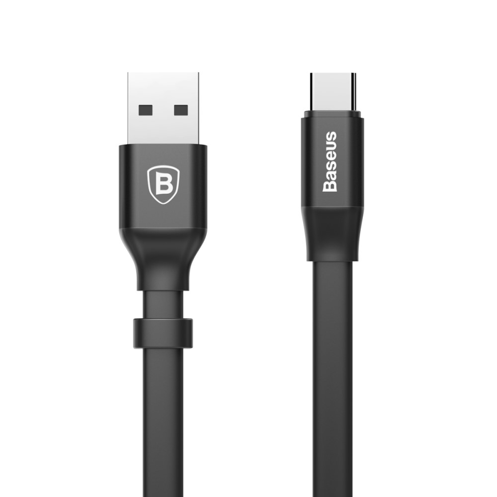 (23cm) 2A USB A auf USB C Flachband Mini Ladekabel - Schwarz