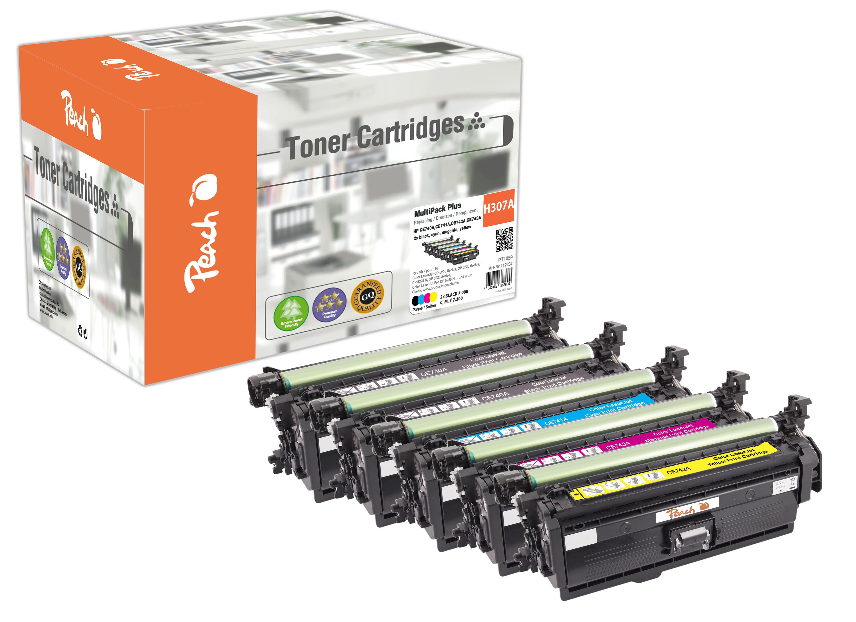 Peach HP 307 A 5 Toner (2*bk, c/m/y) ersetzt HP No. 307A, CE740A*2, CE741A, CE742A, CE743A für z.B. HP Color LaserJet CP 5200 (wiederaufbereitet)