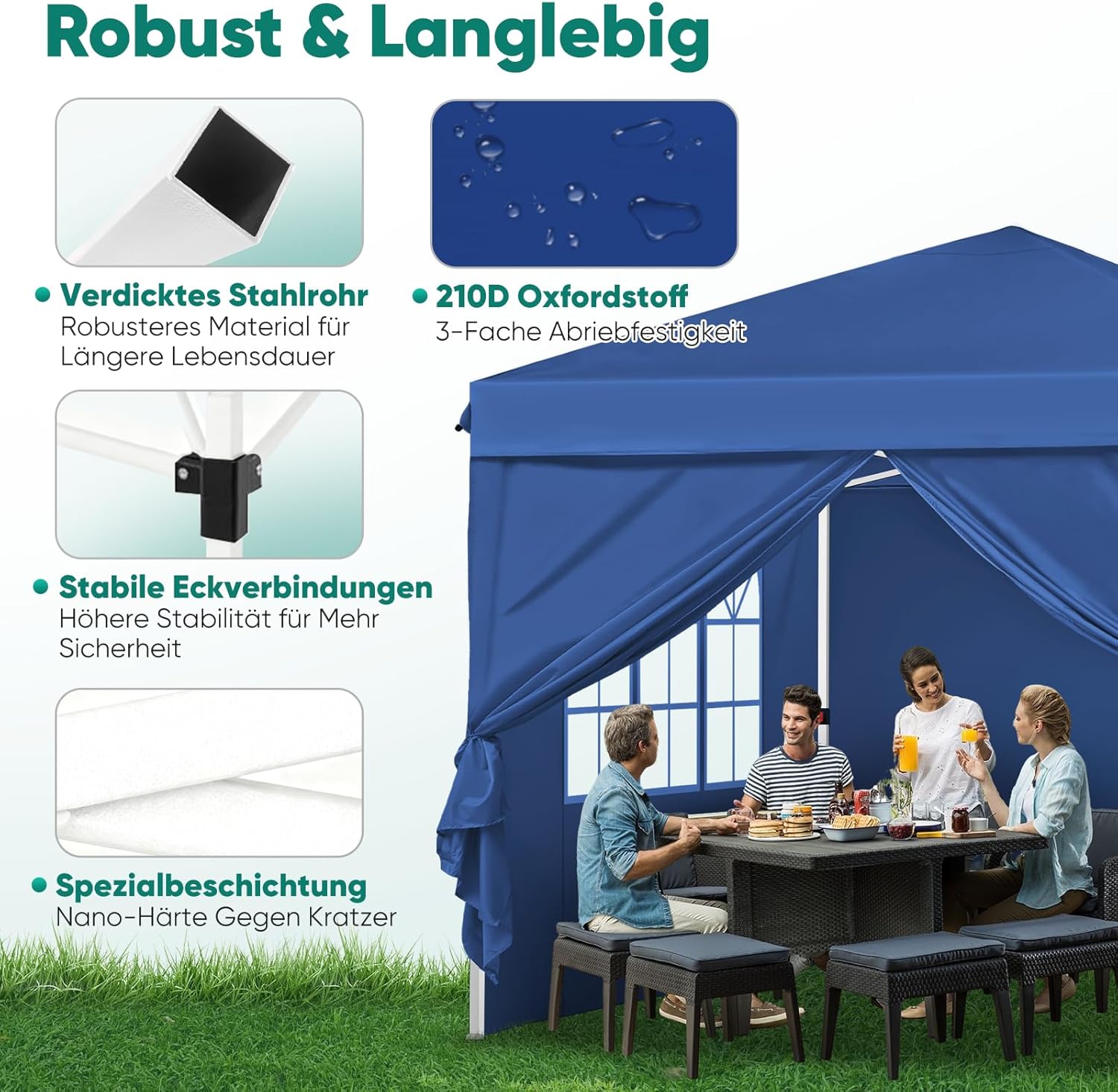 Sekey Pop Up Pavillon 3x3 Wasserdicht Stabil Winterfest, Faltpavillon 3 x 3 m, Camping Pavillion Faltbar Partyzelt mit Seitenwänden, Höhe Verstellbar in 3 Stufen, (Navy, Höhe 260)