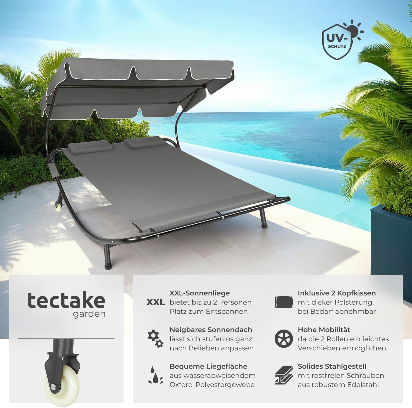 tectake Sonnenliege, Doppelliege, Outdoor Liege für 2 Personen, Gartenliege mit Sonnendach, Relaxliege, Sonnenliege mit Dach, inkl. 2 Kissen, ideal für Garten oder Balkon - schwarz/grau