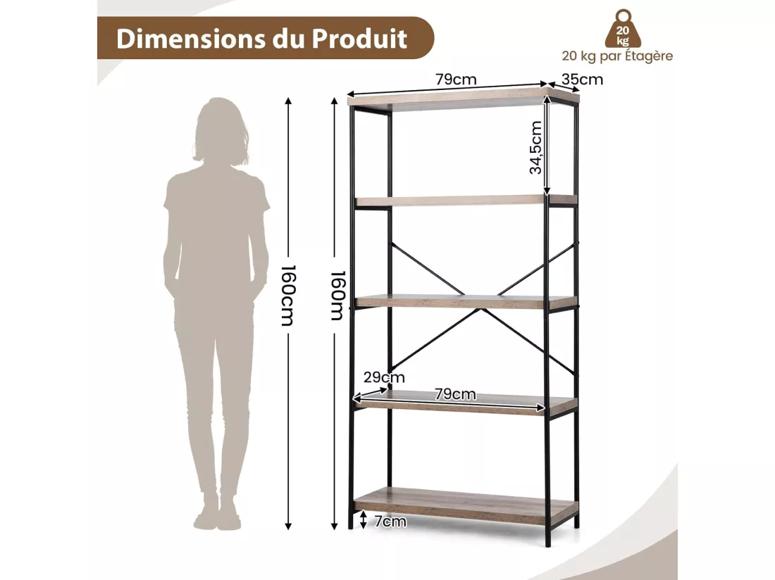 Bibliothèque Étagère à 5 Niveaux, Bibliothèque Industrielle en Bois avec Cadre en Métal, Dispositif Anti-Basculement (Gris)