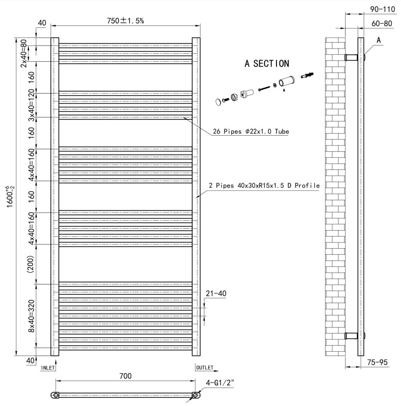 Eastbrook Wendover handdoekradiator 75x160cm 1041W antraciet mat