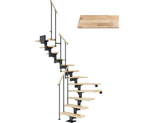 Pertura Chiron middentrap, antraciet, halve draai, 75 cm, balustrade van gelamineerd beukenhout, gelakt, 11 treden / 12 stootborden