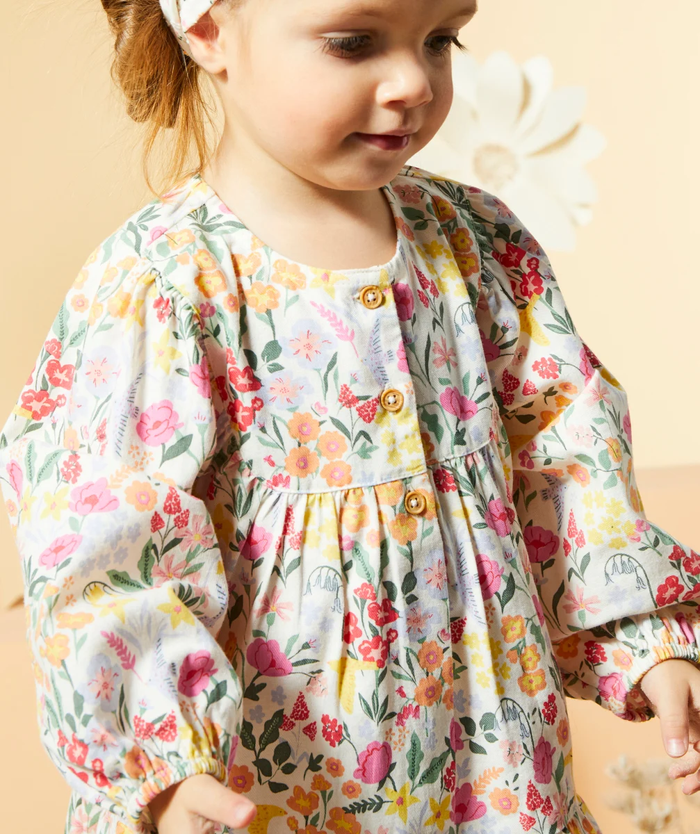 ROBE MANCHES LONGUES BÉBÉ FILLE EN COTON BIO AVEC IMPRIMÉ FLEURI