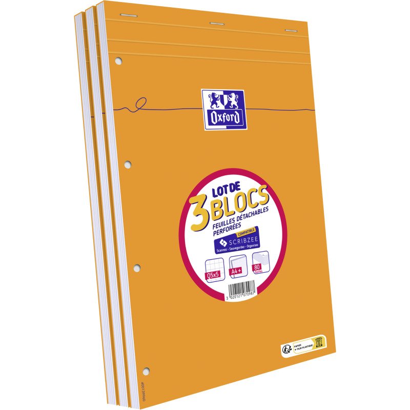 Lot de 3 blocs de bureau Oxford 21 x 31,5 cm agrafé orange - 5 x 5 - 80 feuilles perforées