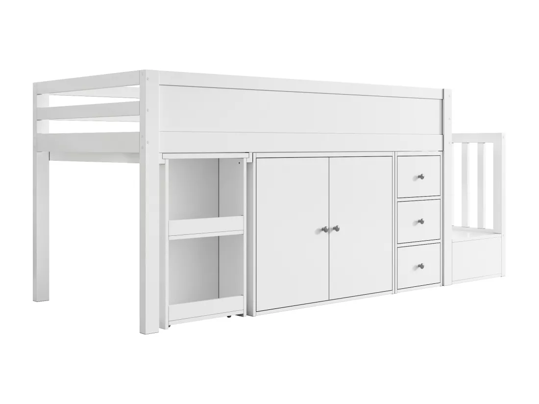 Lit mezzanine pour enfant 90x200cm- avec bureau coulissant + rangement latéral - avec armoire - avec escalier - Blanc