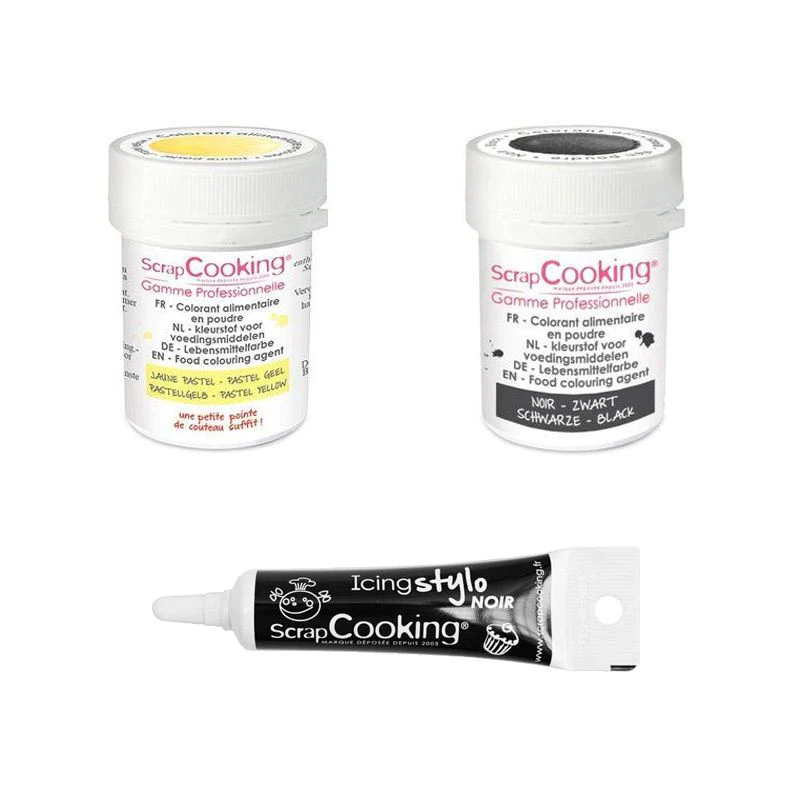 2 colorants alimentaires noir-jaune pastel + Stylo glaçage noir Scrapc