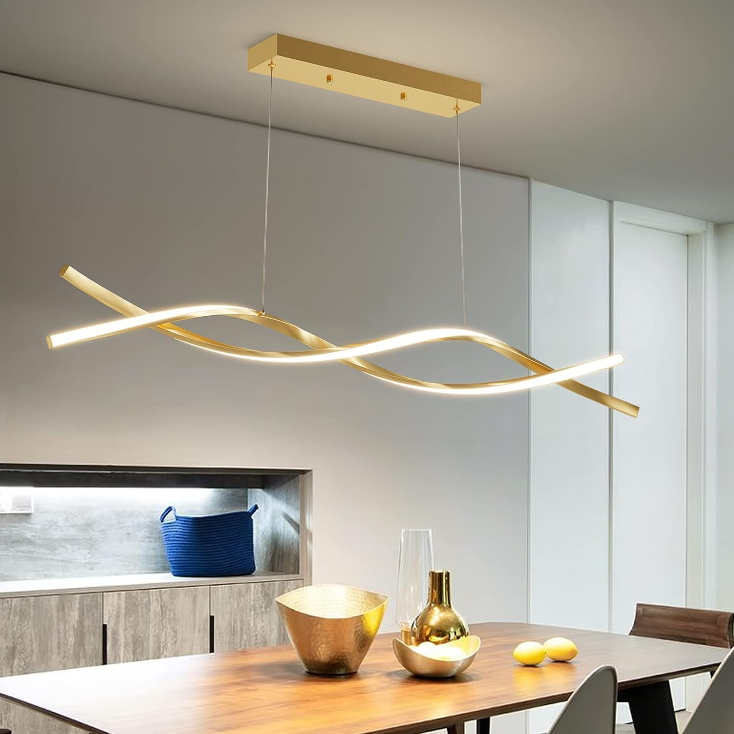 Mikeru LED Pendelleuchte esszimmer, 36W 100cm Moderne Kücheninsel Leuchten, Lineare Hängelampe Dimmbar mit Fernbedienung, Höhe 150cm einstellbar 10%-100% Einstellung der Farbtemperatur, Gold