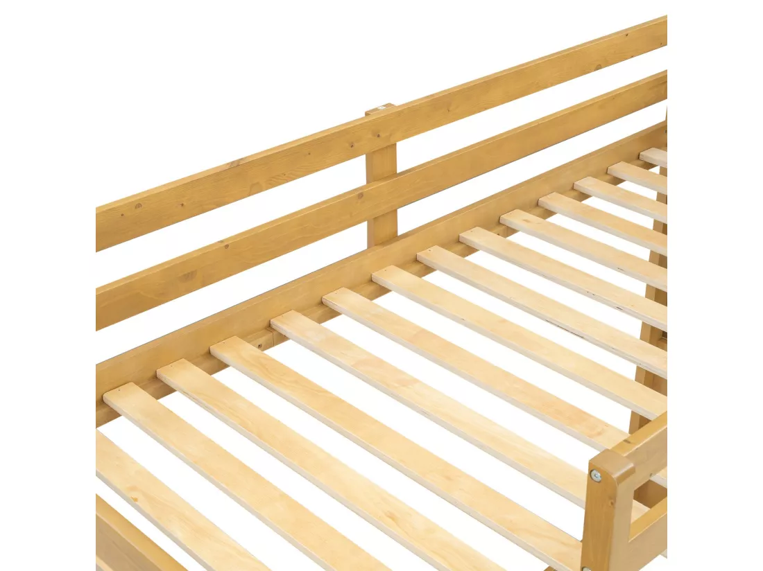 Lit superposé cabane 90x200cm - Avec toboggan et escalier de rangements - Pin - Blanc et naturel