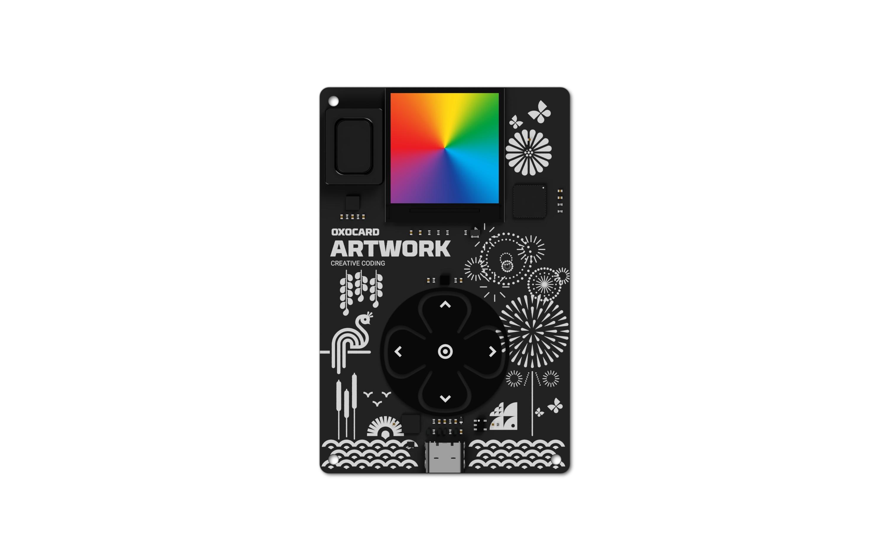 Entwicklerboard Oxocard mini ArtworkOxocard ist ein interaktiver, programmierbarer Minicomputer im Kreditkartenformat