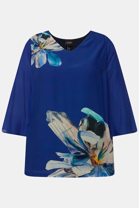 Bluse, Blüten, Oversized, V-Ausschnitt, 3/4-Glockenärmel
