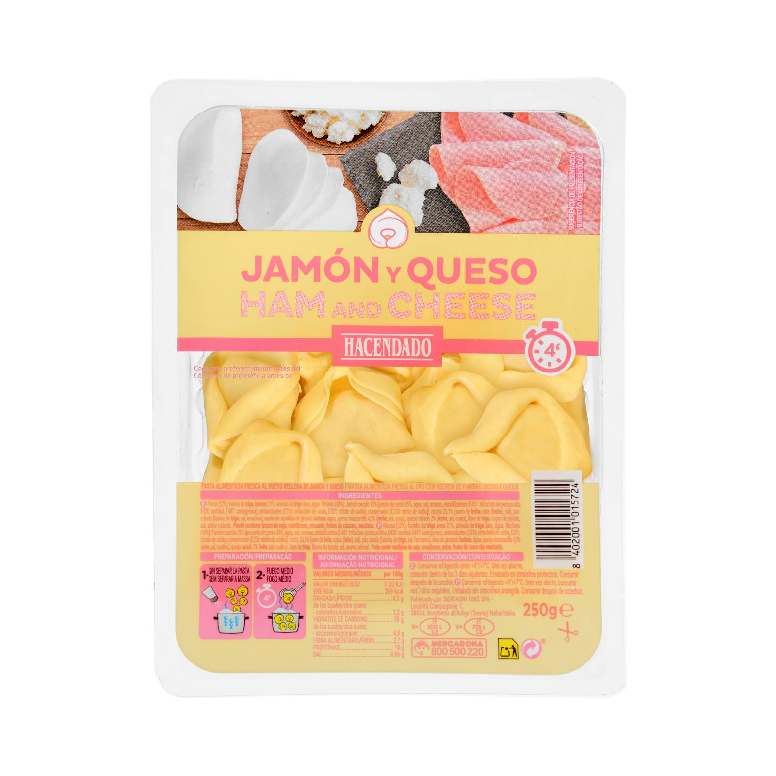 Tortellini de pâtes fraîches au jambon et fromage Hacendado