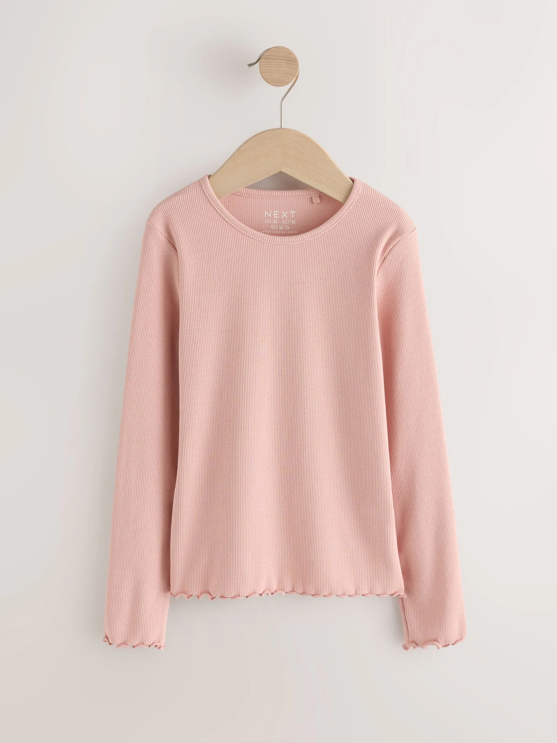 Lichtroze - Geribbeld T-shirt met lange mouwen en katoengehalte (3 mnd-7 jr)