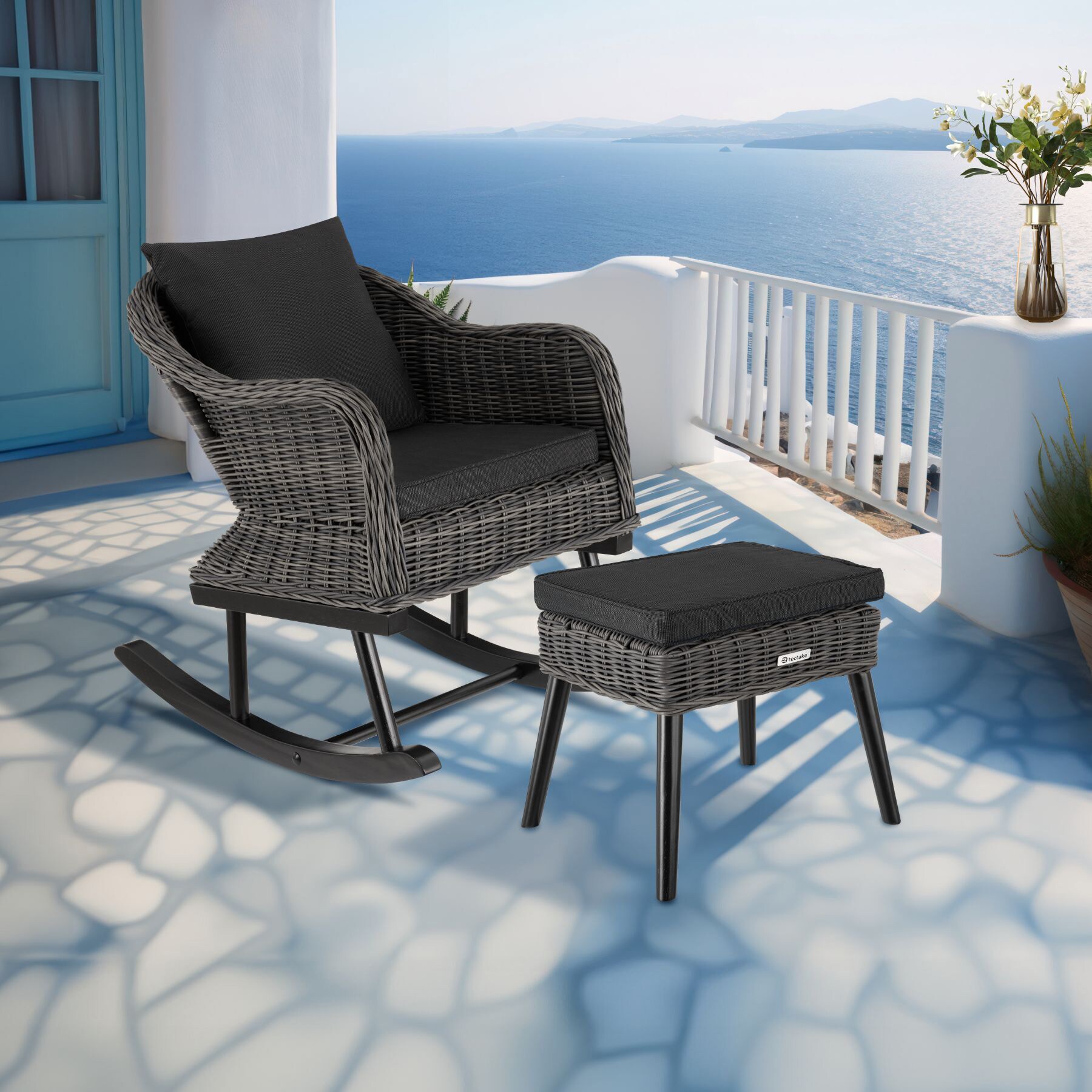 tectake® Rattan Schaukelstuhl, natürlich nachempfundenes Geflecht mit Aluminiumgestell, 150 kg, 57,5 x 85 x 73 cm