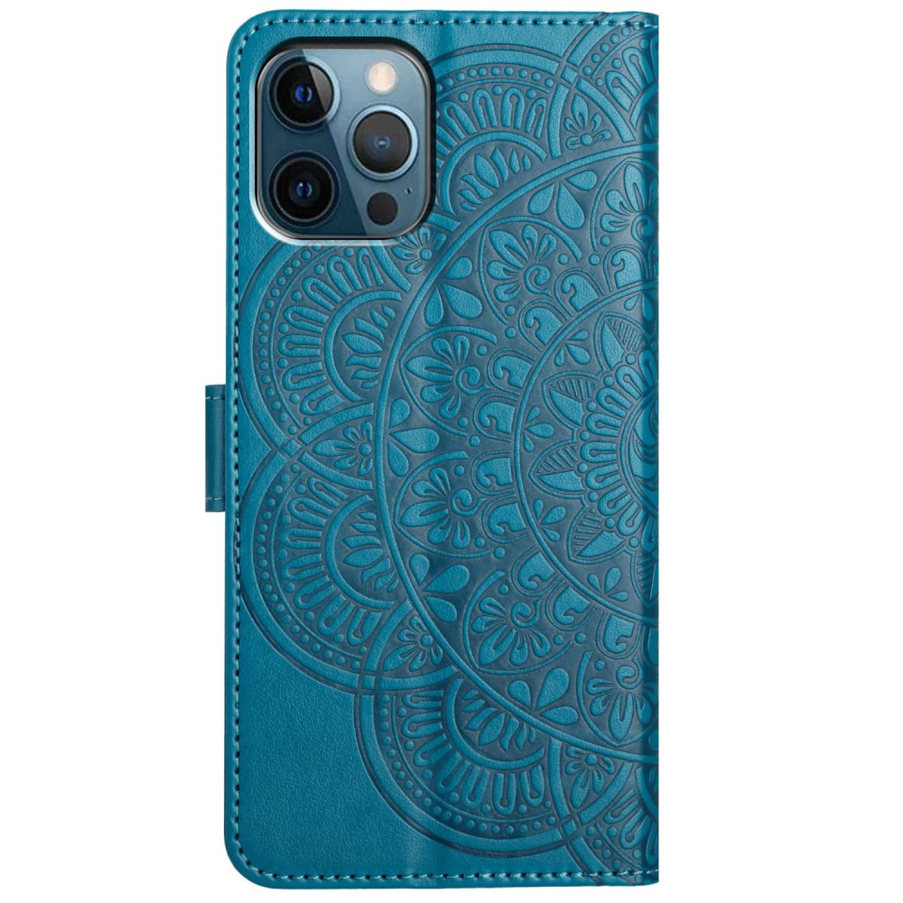 iPhone 16 Pro Max Leder Tasche Wallet - Mandala Flowers Imprint - Blau