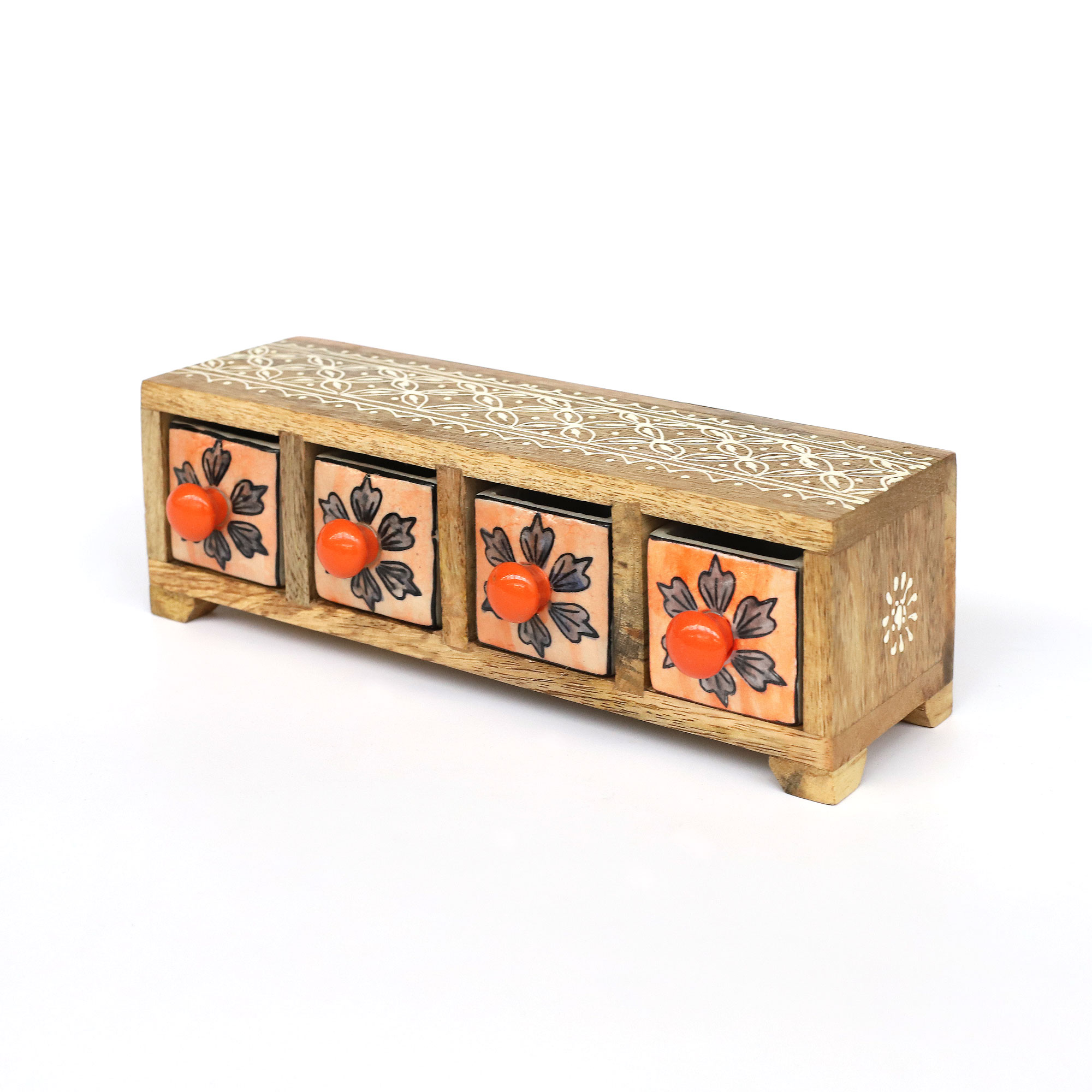 Schubladentruhe mit 4 Keramik-Schüben, natur, orange, B 29 cm, H 9 cm, L 9 cm von fischer's lagerhaus