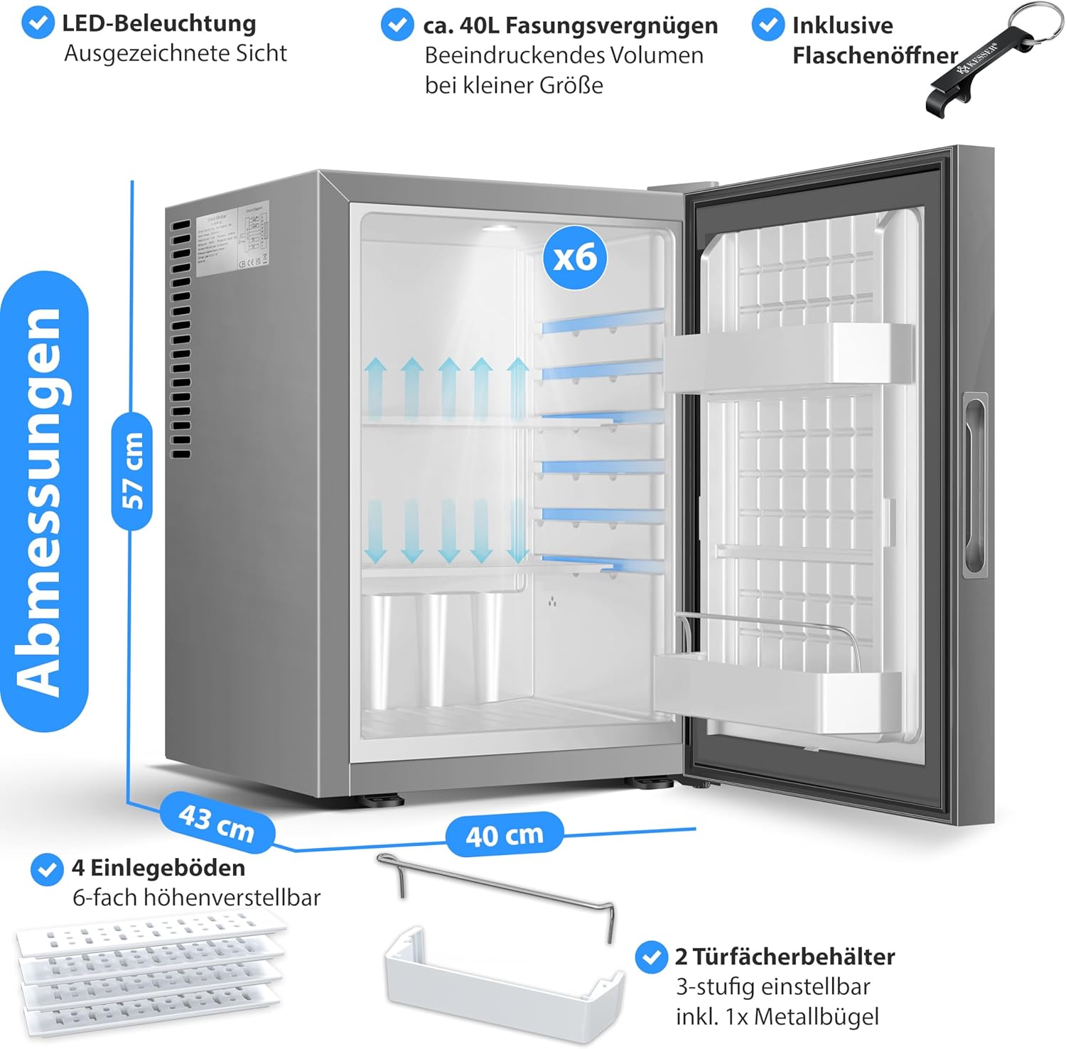 KESSER® Mini réfrigérateur avec Serrure, Mini Bar de 40 l, Silencieux, 22 DB, verrouillable, Chambre à Coucher, butée de Porte Amovible, env. 4 à 16 °C, Hauteur 57 cm, éclairage intérieur
