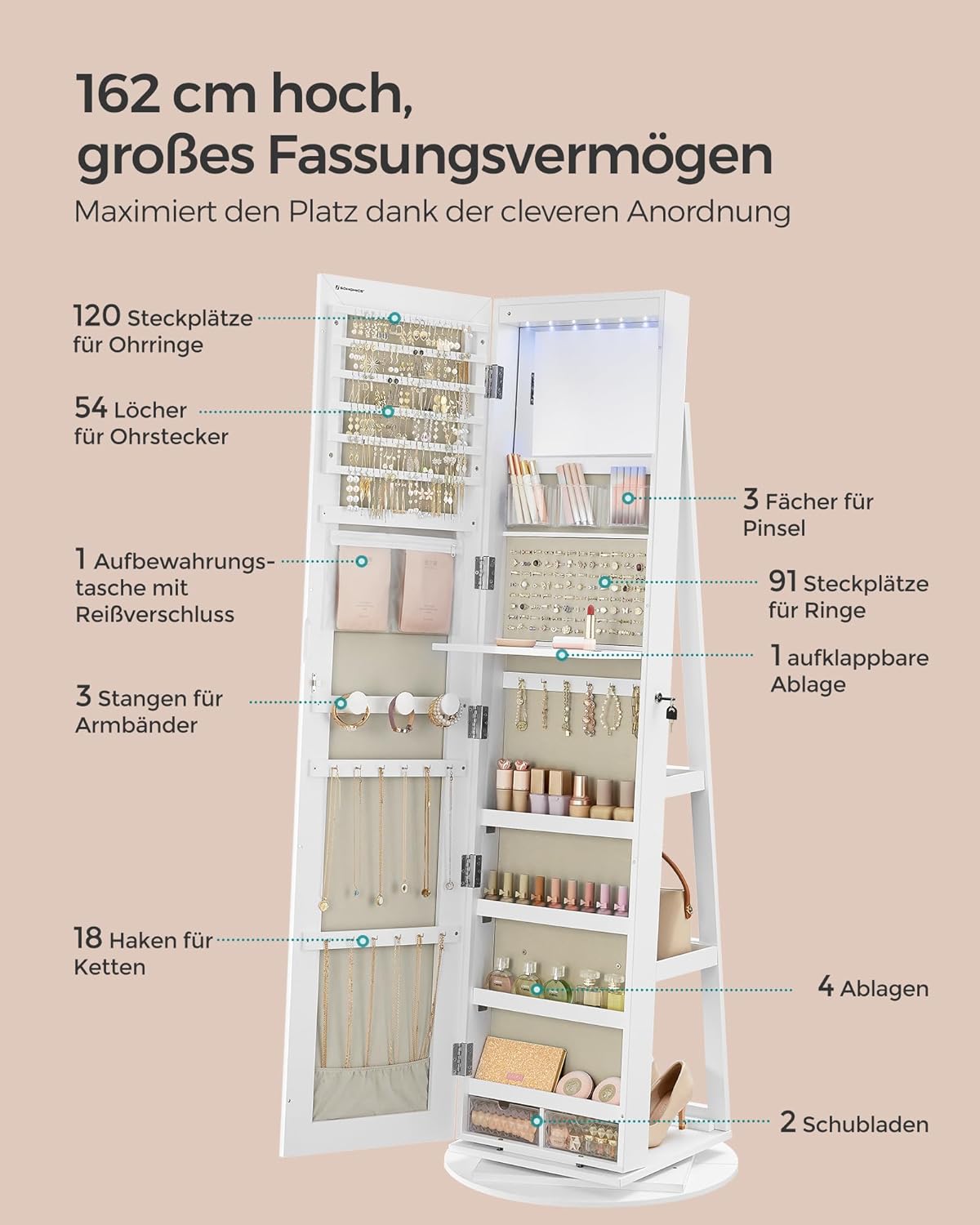 SONGMICS Schmuckschrank, Spiegelschrank, mit rahmenlosem Ganzkörperspiegel, 3 Ablagen, 360° drehbar, abschließbar, Oberfläche in Weiß, Innenfutter in Greige JJC007W02
