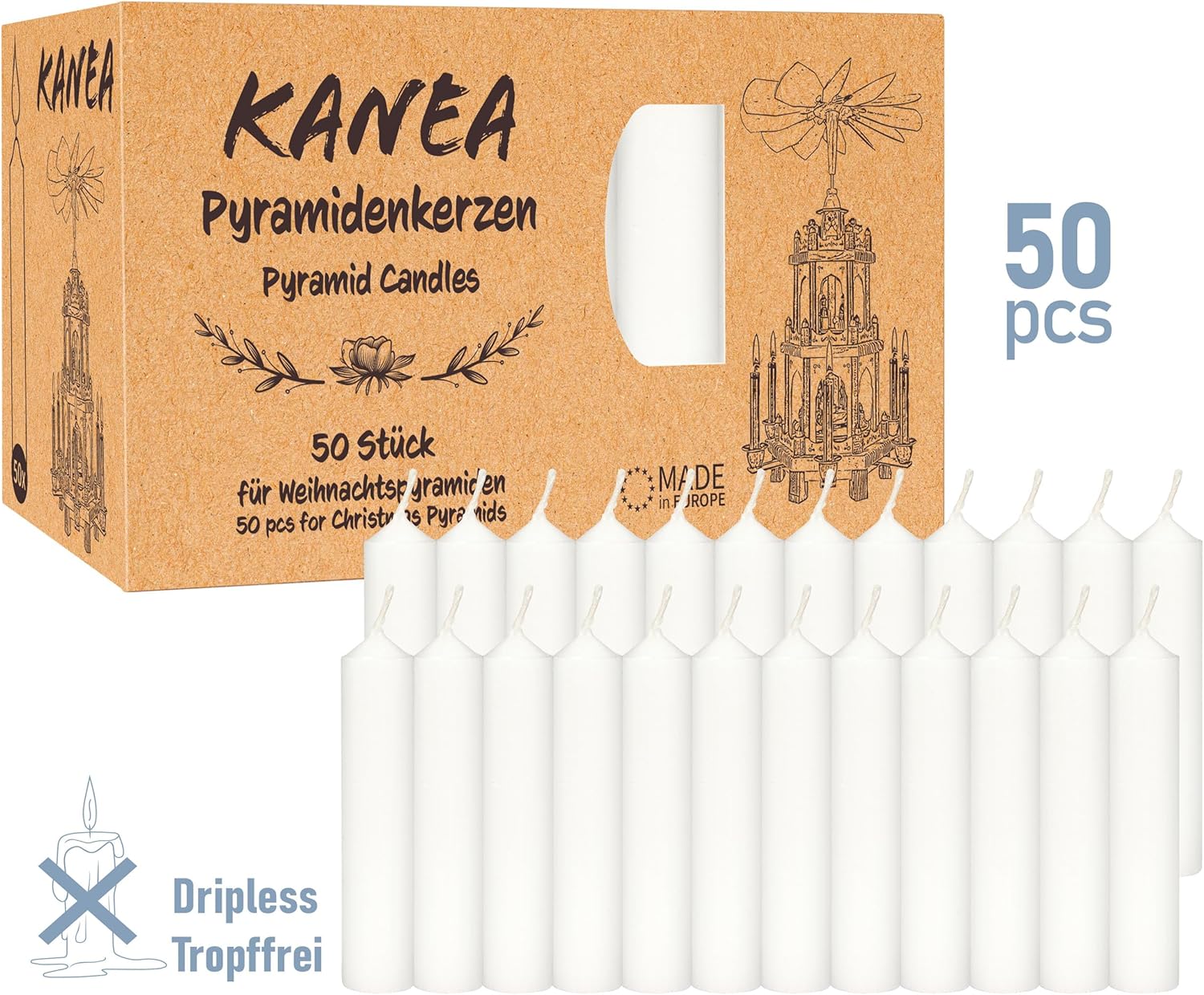 BRUBAKER Weihnachtspyramide inkl. 50er Pack Pyramidenkerzen Weiß - Große 4-stöckige Holzpyramide mit Holz Figuren Handbemalt - 60 cm Pyramide Weihnachten - Drehbare Tischpyramide - Natur