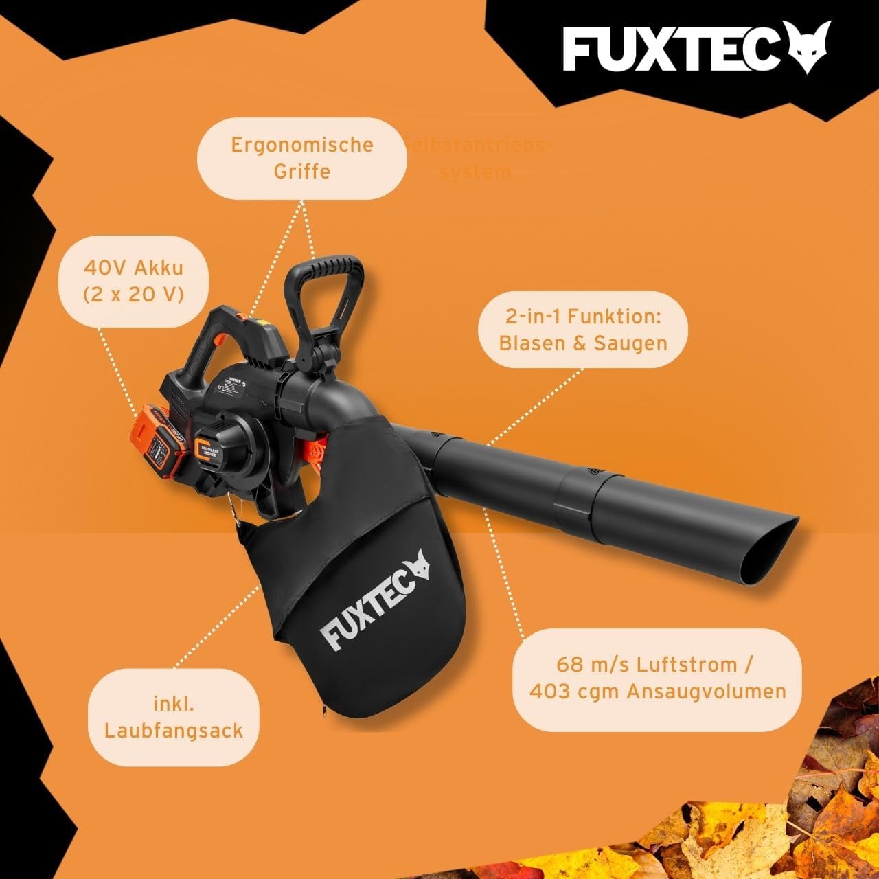 FUXTEC 40 Volt 2in1 Akku-Laubbläser/-Sauger Set FX-E2LBS-SET, leistungsstarker Laubhäcksler inkl.Akku und Ladegerät, Saugleistung 685.1m³/h, ergonomischer Handgriff, Geschwindigkeitsregulierung
