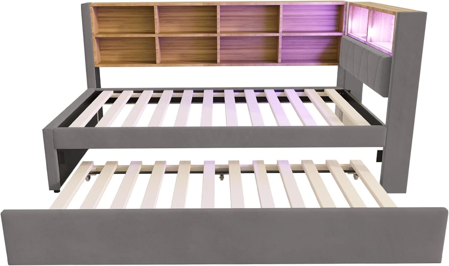 Polsterbett Einzelbett 90x200, Tagesbett Schlafsofa mit Ausziehbett&LED Licht&USB-Anschluss&vielen Ablagefächern, Bettgestell Gästebett Jugendbett mit Lattenrost, Flanell, Ohne Matratze, Dunkelgrau OX0194603