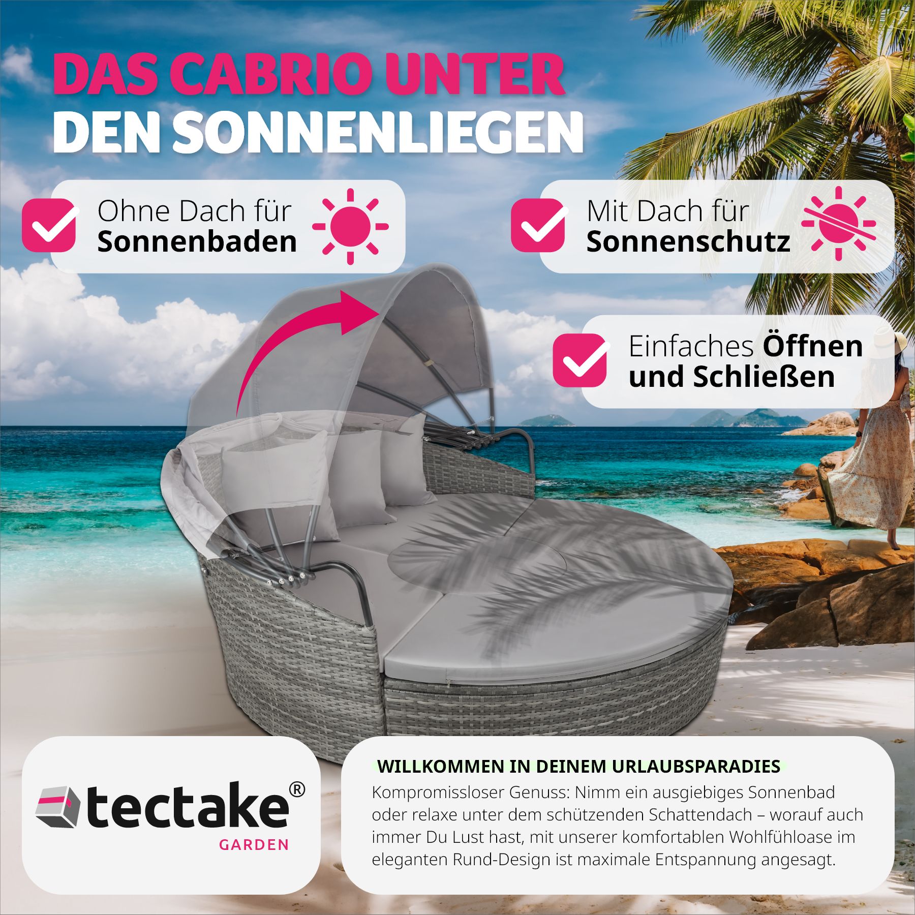 tectake® Rattan Sonneninsel, widerstandsfähig, klappbares Sonnendach, variabel aufstellbar