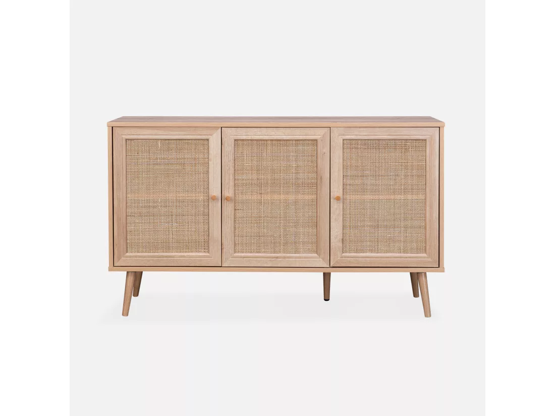 Buffet de rangement en cannage 120x39x70cm - Bohème - 2 niveaux. 3 portes. pieds scandinaves. buffet bas