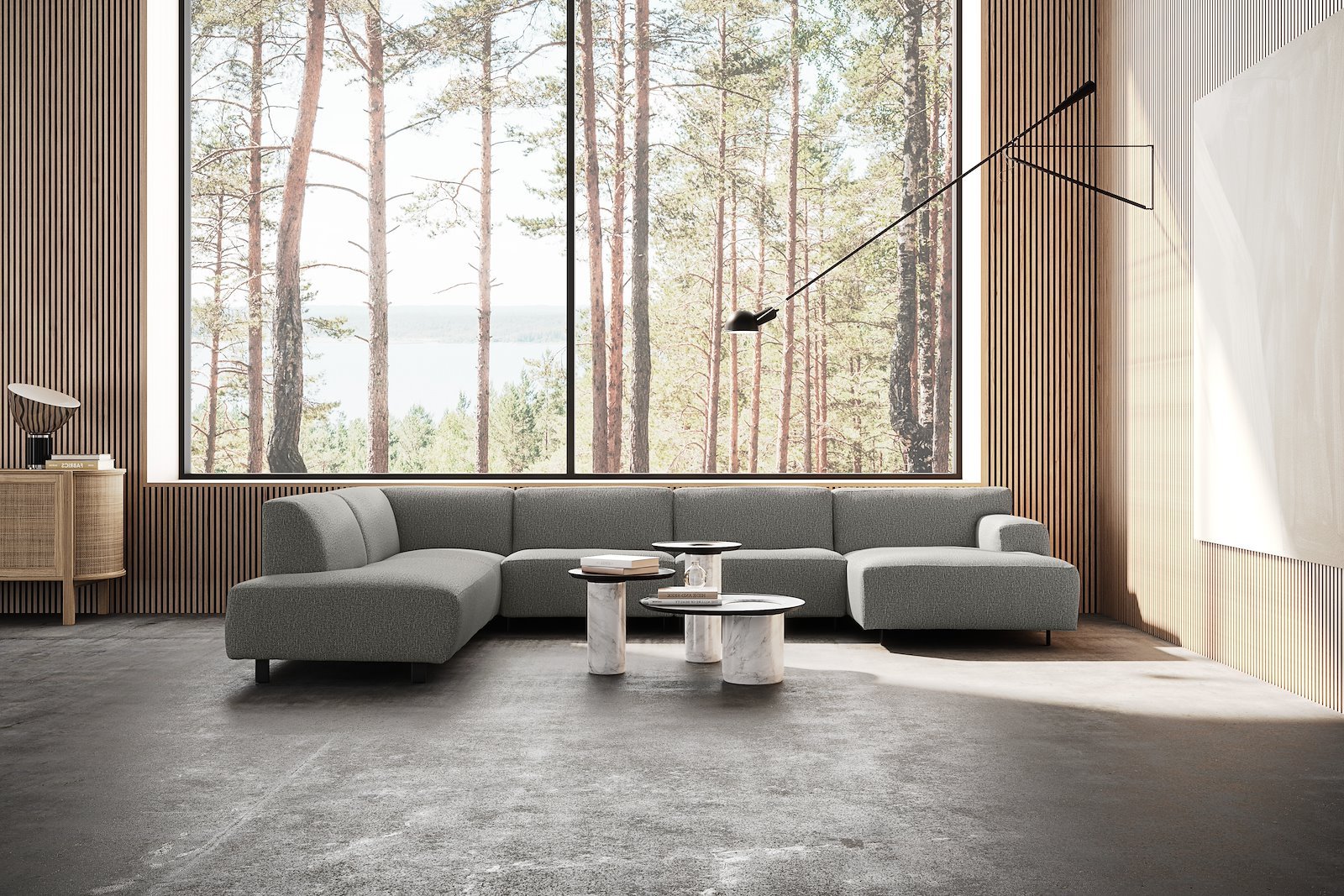 Vesta U-sofa Sjeselong høyre, 3-seter og åpen ende venstre. Big hjørnemodul, Tekstil Marsel Dark grey, sort metallben 10 cm, Comfort CM